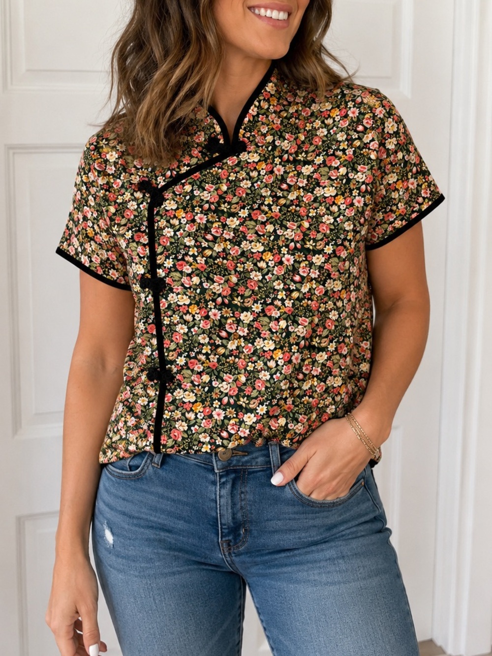 Yee Fu Floral Button-Up Chinese cheongsam-style blouse